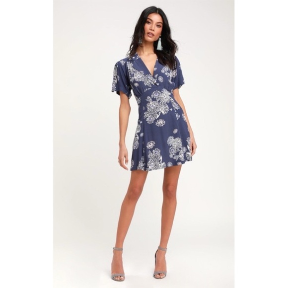 Free People Blue Hawaii Washed Blue Floral Print Short Sleeve Mini Dress - Picture 4 of 16